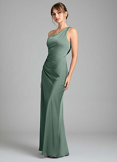 Azazie Madelyn Bridesmaid Dresses Sea Moss Mermaid One Shoulder Stretch Satin Convertible Dress image6
