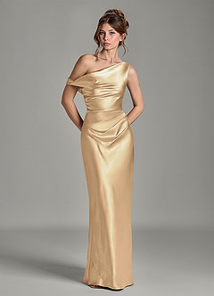 Azazie Emerson Bridesmaid Dresses Champagne Mermaid Off the Shoulder Metallic Satin Dress image3