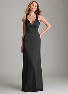 Azazie Cemion 신부 들러리 드레스 A라인 스트레치 새틴 바닥 길이 드레스 image1