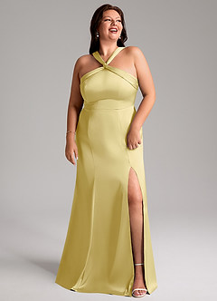 Azazie Rue Robes de demoiselle d'honneur Robe Trapèze en Satin extensible Plissée Sorbet Citron image11