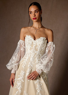 Azazie Madeleine Wedding Dresses Diamond White Champagne Ball-Gown Strapless Lace Dress image4