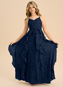 Azazie Peyton Junior Dark Navy A-Line Pleated Floral Burnout Dress image3