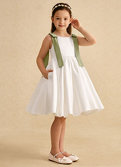 Azazie Stacie Flower Girl Dresses Ivory Moss Green A-Line Bow Matte Satin Dress image2