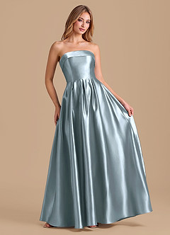 Azazie Lucienne Bridesmaid Dresses Dusty Blue A-Line Pleated Metallic Satin Dress image3