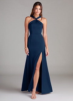 Azazie Rue Bridesmaid Dresses Dark Navy A-Line Pleated Stretch Satin Dress image3