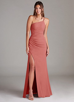 Azazie Eren Vestidos de damas de honor Vestido de Rosa Antigua de Gasa de Corte Recto con Hombro unilateral image3