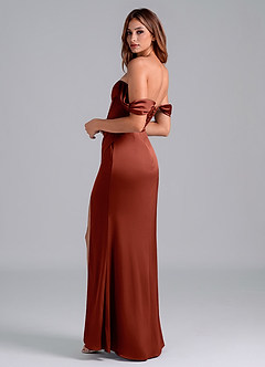 Azazie Asha Bridesmaid Dresses Terracotta Sheath Off the Shoulder Stretch Satin Convertible Dress image2