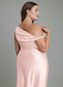 Azazie Emerson Bridesmaid Dresses Blushing Pink Mermaid Off the Shoulder Metallic Satin Dress image13