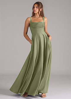 Azazie Shaude Bridesmaid Dresses Garden Sage A-Line Pleated Stretch Satin Dress image4