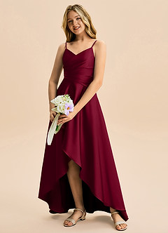 Azazie Eirlys Junior Burgundy A-Line Pleated Stretch Satin Dress image4