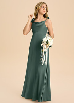 Azazie Gumdrop Junior Sea Moss Empire Pleated Stretch Satin Dress image4