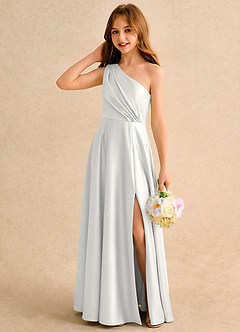 Azazie Puddles Girls Formal 플라워 걸 드레스 A라인 한쪽 어깨 스트레치 새틴 플로어 길이 드레스 image3