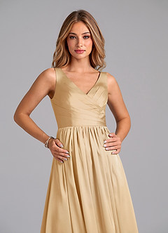 Azazie Keyla Bridesmaid Dresses Gold A-Line Pleated Stretch Satin Dress image3