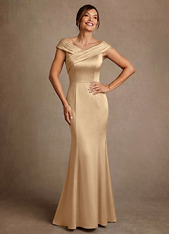 Azazie Aberdeen Mother of the Bride Dresses Champagne Sheath Pleated Stretch Satin Dress image1