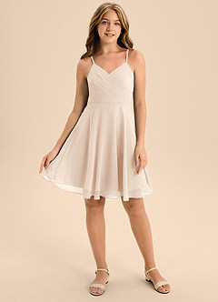 Azazie Avelina Junior White Alabaster A-Line Pleated Chiffon Dress image1