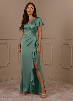 Azazie Roya Mother of the Bride Dresses Eucalyptus Mermaid V-Neck Pleated Stretch Satin Dress image1