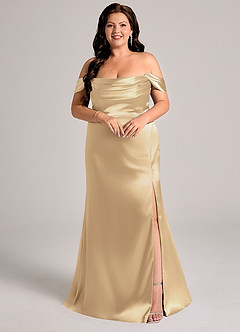 Azazie Saige Bridesmaid Dresses Champagne Sheath Off the Shoulder Metallic Satin Convertible Dress image1