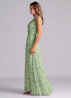 Azazie Phaedra Bridesmaid Dresses Green Fern Floral A-Line One Shoulder Chiffon Dress image6
