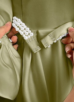 Azazie Gabriella Flower Girl Dresses Moss Green Ball-Gown with Sleeves Matte Satin Dress image7