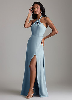 Azazie Tracie Vestidos de damas de honor Vestido de Azul Polvoriento de Satén Elástico de Corte en A con Corte Lateral image4