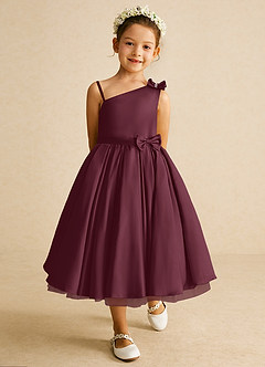Azazie Lollipop Flower Girl Dresses Cabernet A-Line One Shoulder Matte Satin Dress image2
