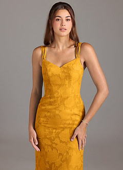 Azazie Denice Bridesmaid Dresses Butterscotch A-Line Pleated Floral Burnout Dress image4