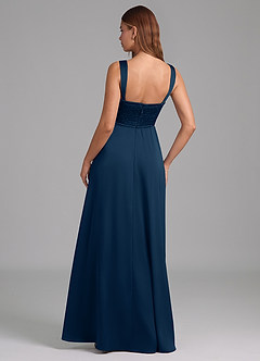 Azazie Rosaline At-home Try On Dresses Dark Navy A-Line Side Slit Stretch Satin Dress image2