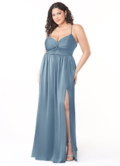 Azazie Raya Bridesmaid Dresses Dusty Blue A-Line V-Neck Pleated Stretch Satin Dress image9