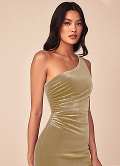 Azazie Argan Brautjungfernkleider A-Linie Eine Schulter Gefaltet Samt Kleid Goldene Bräune image6