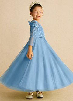 Azazie Precious Flower Girl Dresses Steel Blue A-Line Lace Tulle Dress image3