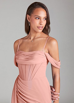 Azazie Amyra Bridesmaid Dresses Rosette Sheath Off the Shoulder Chiffon Convertible Dress image7