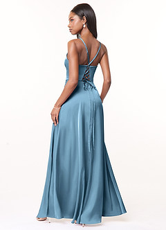 Azazie Maksim Bridesmaid Dresses Steel Blue A-Line V-Neck Stretch Satin Dress image2