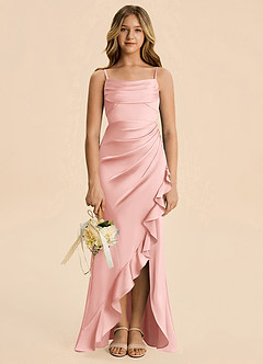 Azazie Mia Junior Powder Pink Mermaid Pleated Stretch Satin Dress image3