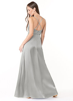 Azazie Naomie Vestidos de damas de honor Vestido de Plata de Satén Elástico de Corte en A con Cuello V con abertura lateral image2