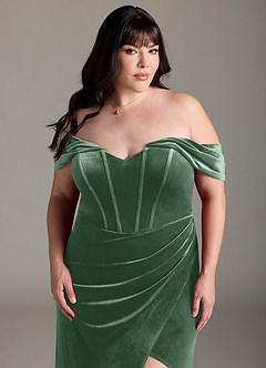 Azazie Jas Jurken voor bruidsmeisjes Converteerbaar Jurk van flueel met Kolom Off-the-shoulder korset Eucalyptus image14