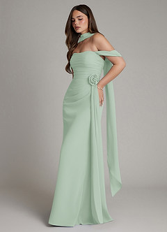 Azazie Ezria At-home Try On Dresses Agave A-Line Off the Shoulder Chiffon Dress image12