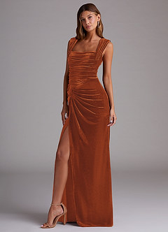 Azazie Genesis Bridesmaid Dresses Burnt Orange Sheath Pleated Velvet Dress image4