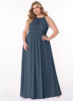 Azazie Bonnie Brautjungfernkleider A-Linie Schlüsselloch Gerüscht Chiffon Kleid Neptunblau image6