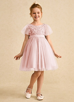 Azazie Queenie Robe Demoiselle D'honneur Fillette Robe Trapèze en Dentelle Rose Pâle image3