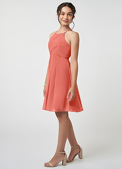 Azazie Ginny Junior Salmon Pink A-Line Pleated Chiffon Dress image3