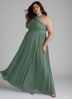 Azazie Hillian Bridesmaid Dresses Eucalyptus A-Line Halter Pleated Mesh Dress image11