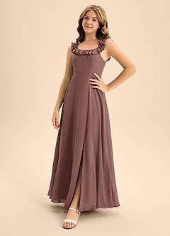 Azazie Callie Junior Abito A-Line in Chiffon Increspato Espresso image3