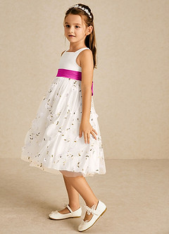 Azazie Pollie Flower Girl Dresses Ivory Fuchsia A-Line Bow Tulle Dress image5