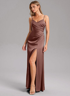 Azazie Azuree Bridesmaid Dresses Espresso A-Line Pleated Stretch Satin Dress image5