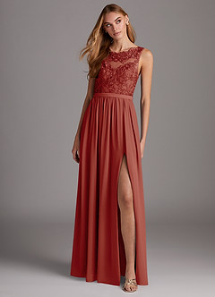 Azazie Elly Brautjungfernkleider A-Linie Rundhalsausschnitt mit Spitze Chiffon Kleid Terrakotta image3