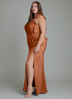Azazie Jessamine Bridesmaid Dresses Copper Sheath Corset Stretch Satin Dress image13