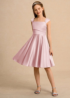 Azazie Budle Girls Formal Flower Girl Dresses Powder Pink A-Line Pleated Matte Satin Dress image3