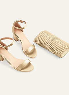 front Sandalias de tacón de bloque con hebilla de una tira de satén metalizado de color a juego