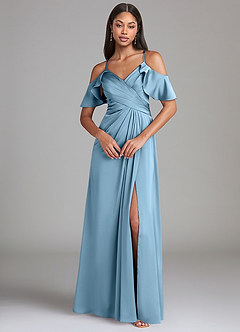 Azazie Dakota Bridesmaid Dresses Steel Blue A-Line Off the Shoulder Stretch Satin Dress image3