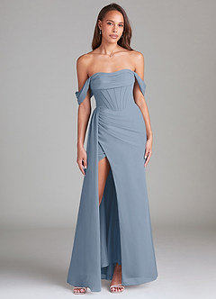 Azazie Amyra Bridesmaid Dresses Dusty Blue Sheath Off the Shoulder Chiffon Convertible Dress image1
